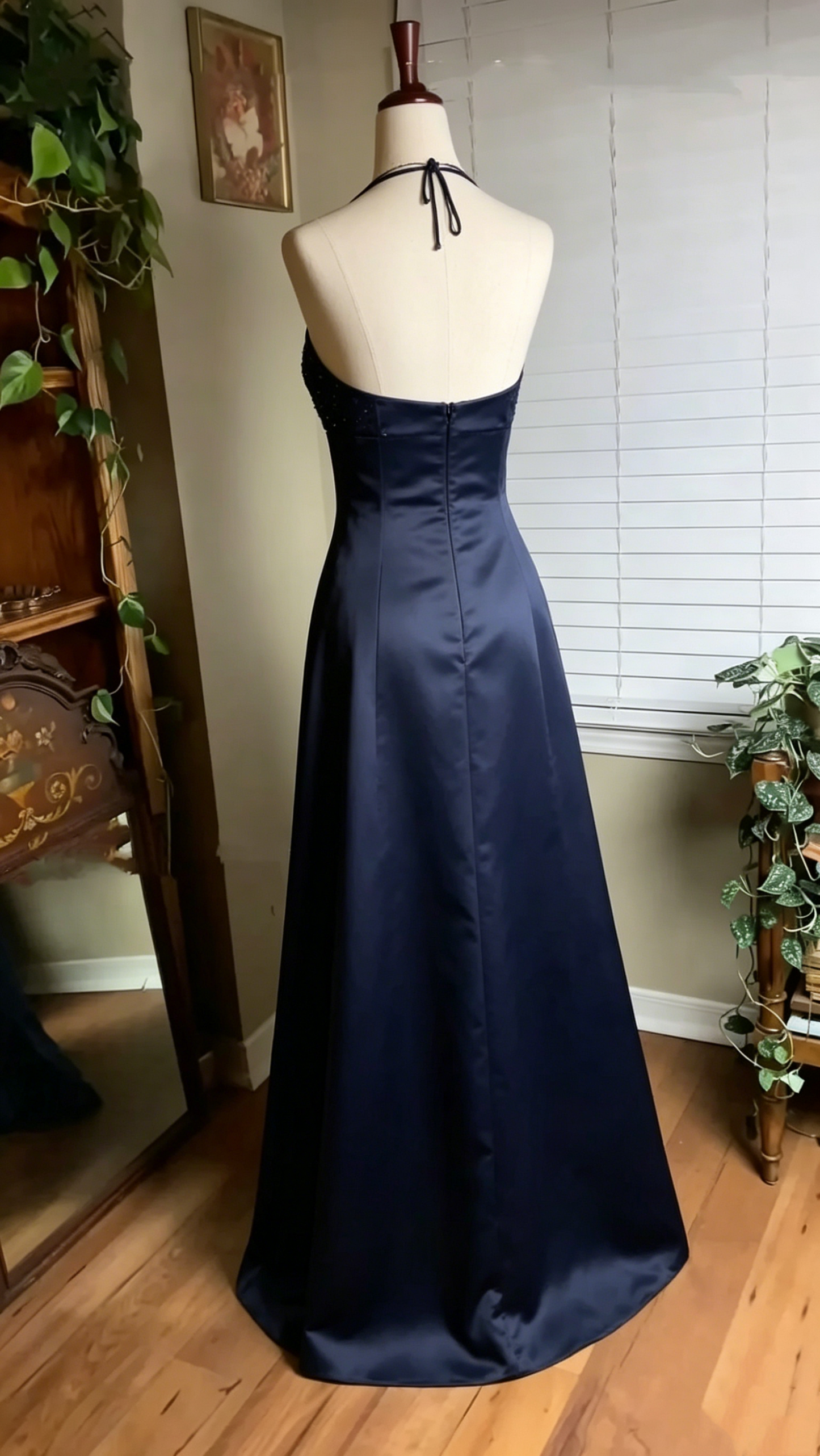 Halter A Line Navy Blue Satin Prom Dress Retro Evening Dress J10219