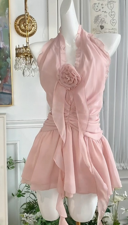 Halter A Line Pink Chiffon Homecoming Dress Short Party Dress  J10986