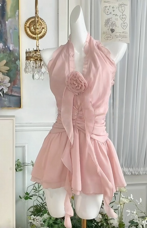 Halter A Line Pink Chiffon Homecoming Dress Short Party Dress  J10986