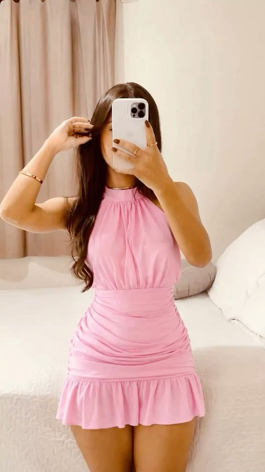 Halter A Line Pink Chiffon Homecoming Dress Short Party Dress  J11132