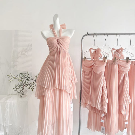 Halter A Line Pink Chiffon Wedding Guest Dress Pleaded Formal Prom Dress  J11024