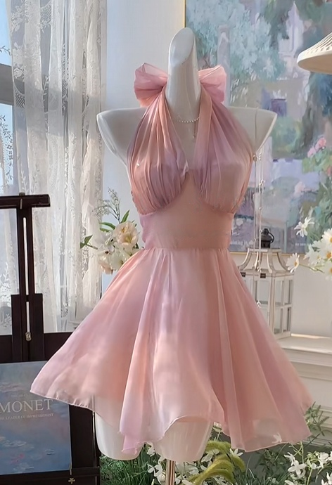 Halter A Line Pink Homecoming Dress Short Party Dress  J10962