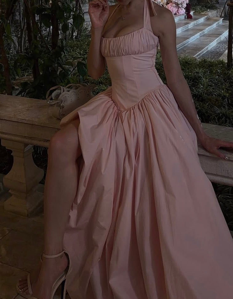 Halter A Line Pink Prom Dress Formal Evening Dress With Slit  J10011