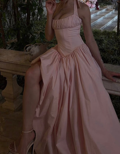 Halter A Line Pink Prom Dress Formal Evening Dress With Slit  J10011
