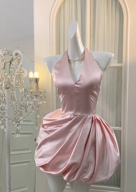 Halter A Line Pink Satin Homecoming Dress Short Party Dress J10936