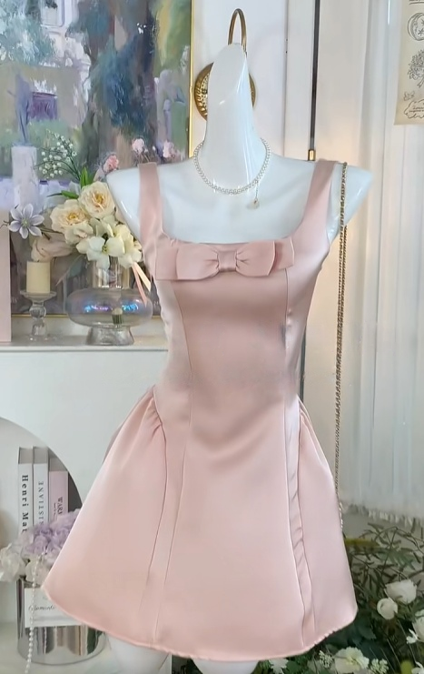 Halter A Line Pink Satin Homecoming Dress With Bow Short Party Dress J10937