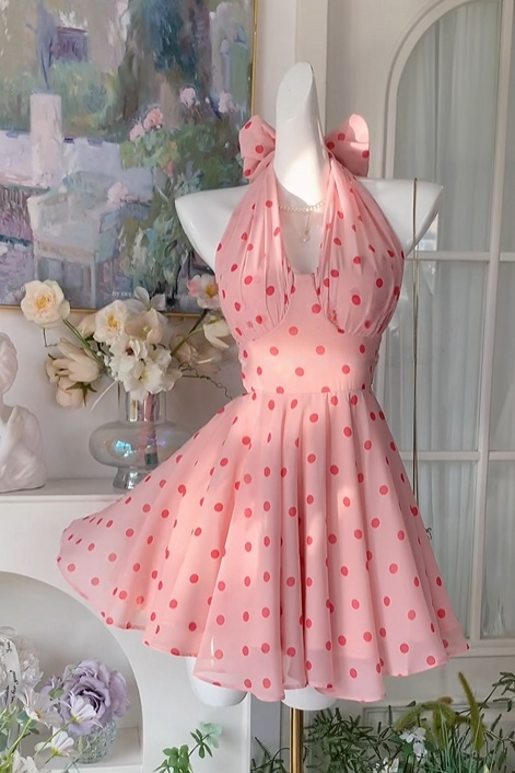 Halter A Line Polka Dots Chiffon Homecoming Dress Short Birthday Dress  J10923