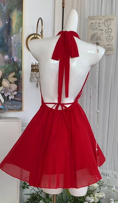 Halter A Line Red Chiffon Homecoming Dress Open Back Party Dress  J10984