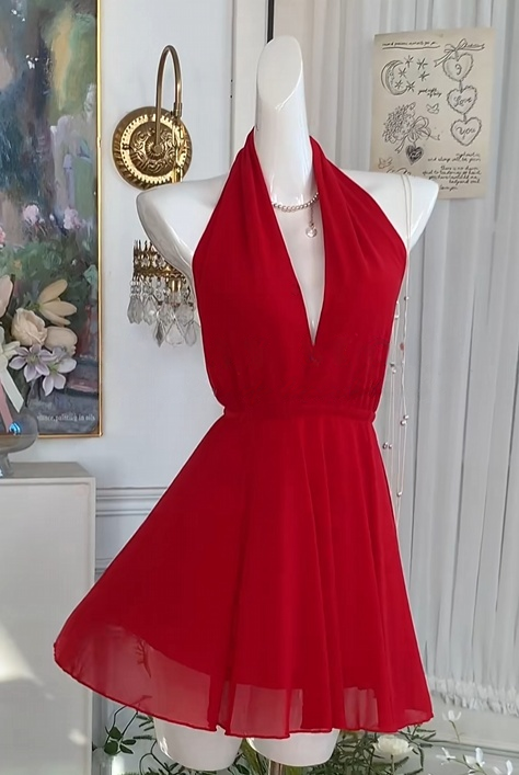 Halter A Line Red Chiffon Homecoming Dress Open Back Party Dress  J10984
