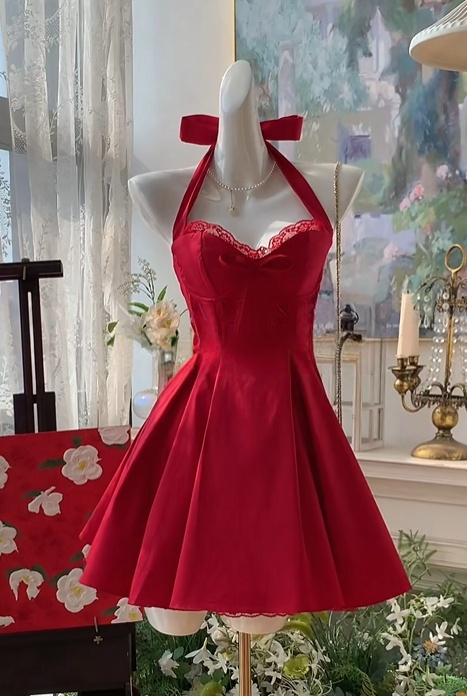 Halter A Line Red Satin Homecoming Dress Short Party Dress J10939