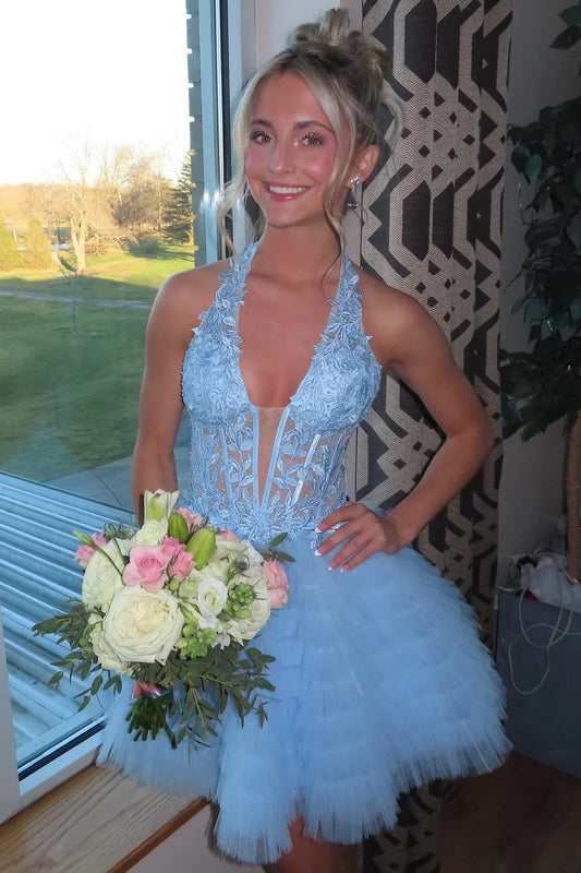 Halter B Neck A Line Homecoming Dress Appliques Layered Party Dress  J10955