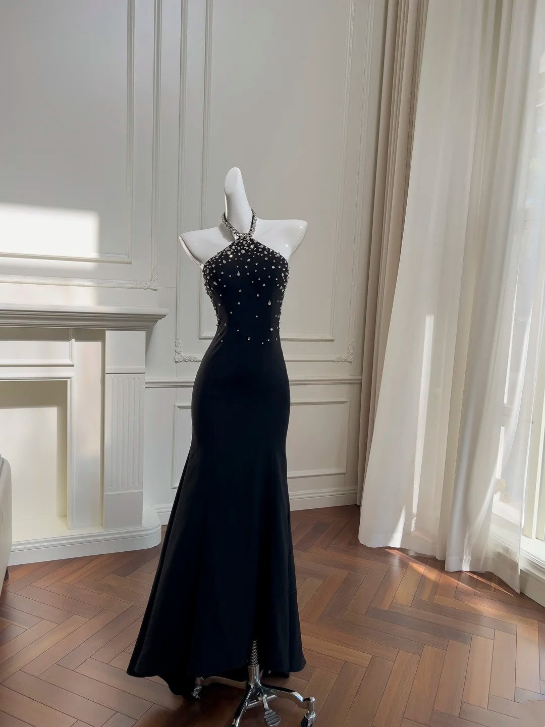 Halter Black Mermaid Beaded Prom Dress Sexy Evening Dress  J10268