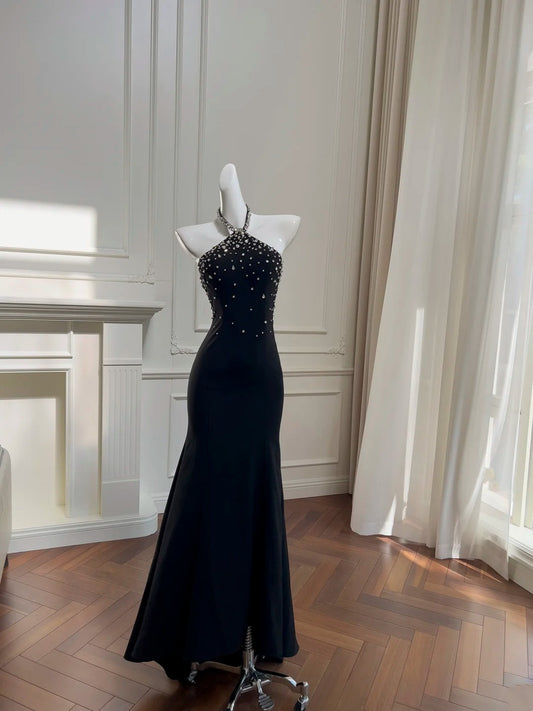 Halter Black Mermaid Beaded Prom Dress Sexy Evening Dress  J10268