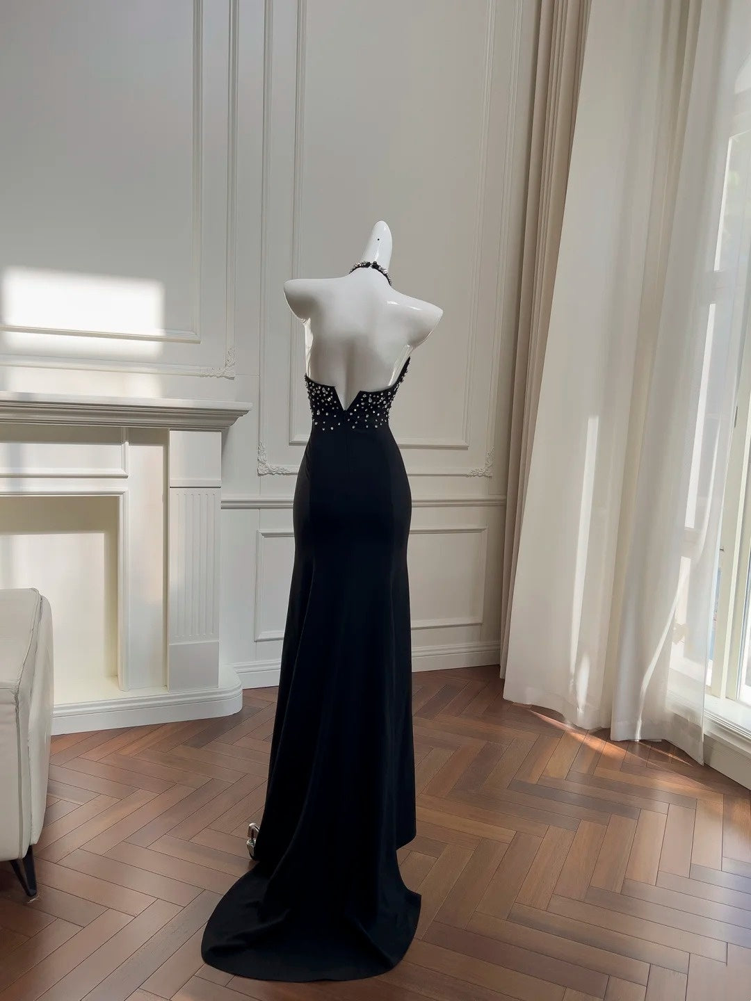 Halter Black Mermaid Beaded Prom Dress Sexy Evening Dress  J10268