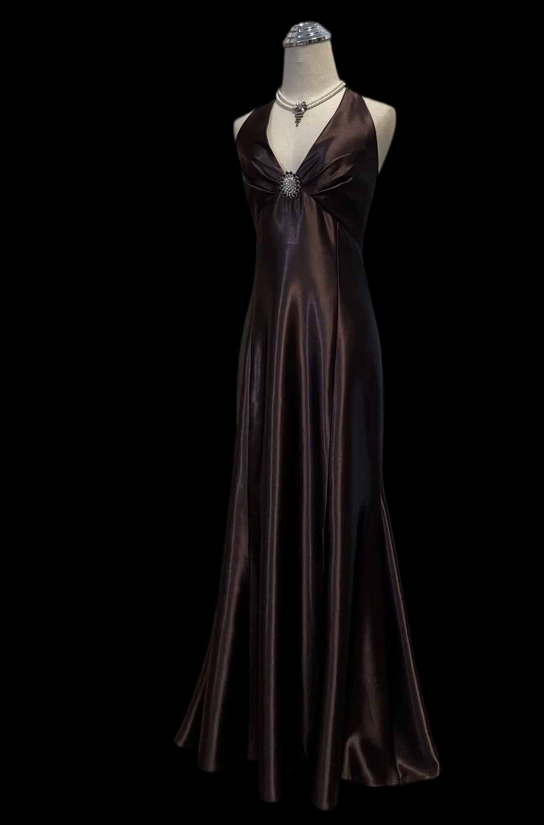 Halter Brown Satin Mermaid Prom Dress Retro Evening Gown  J12068