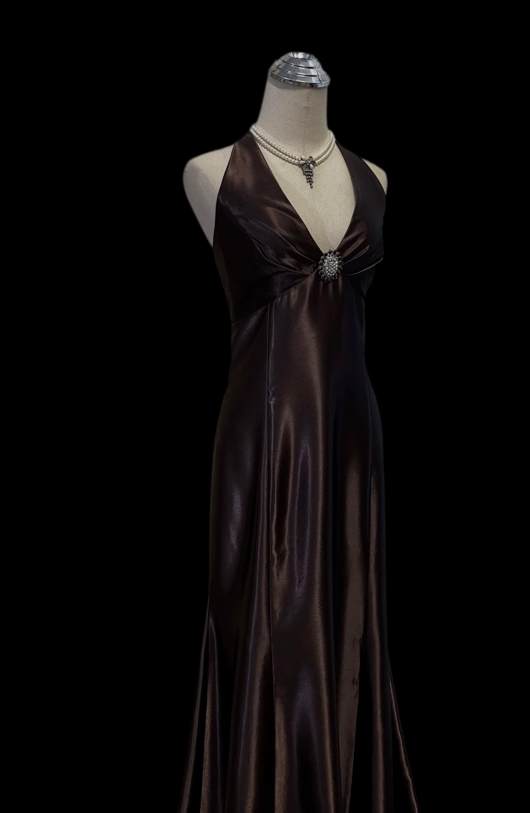 Halter Brown Satin Mermaid Prom Dress Retro Evening Gown  J12068