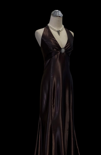 Halter Brown Satin Mermaid Prom Dress Retro Evening Gown  J12068