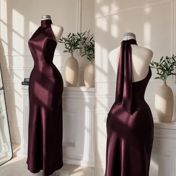 Halter Burgundy Sheath Satin Formal Prom Dress Open Back Evening Dress  J11466