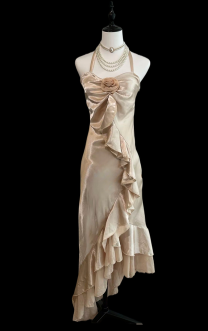 Halter Champagne Ruffled Prom Dress Formal Evening Dress J9840