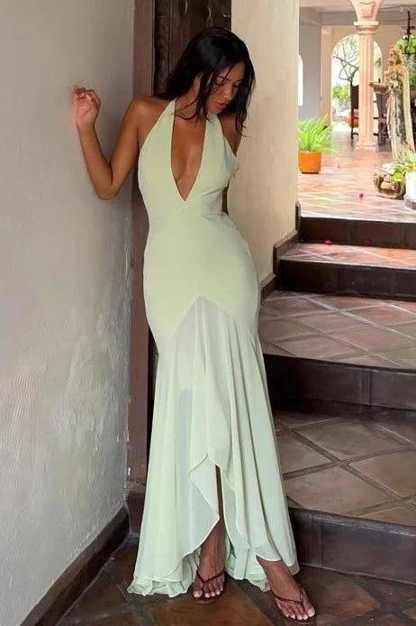 Halter Deep V Neck Open Back Chiffon Mermaid Prom Dress J10025