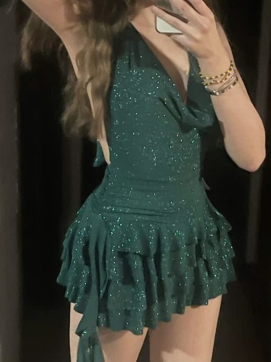 Halter Emerald Green Ruffled Homecoming Dress Short Birthday Dress  J11049