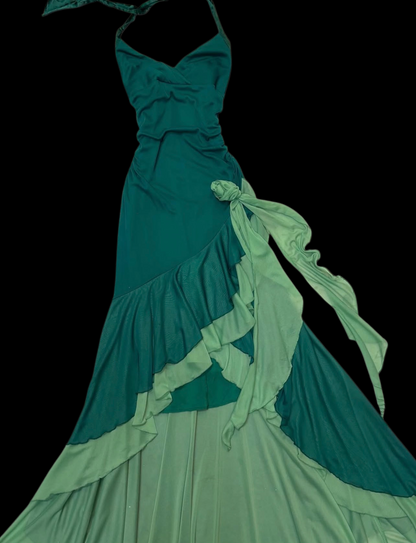 Halter Green Chiffon Ruffled Prom Dress Vintage Formal Dress J9798