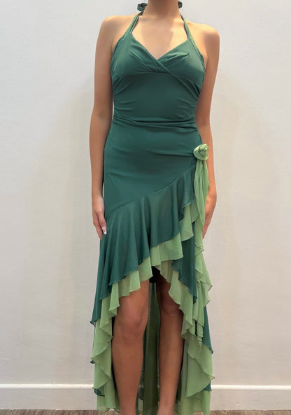 Halter Green Chiffon Ruffled Prom Dress Vintage Formal Dress J9798