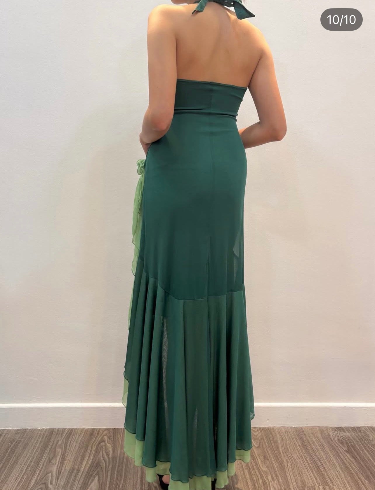 Halter Green Chiffon Ruffled Prom Dress Vintage Formal Dress J9798