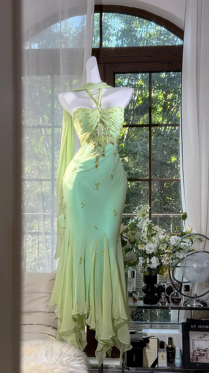 Halter Green Mermaid Prom Dress Retro Evening Gown  J10598