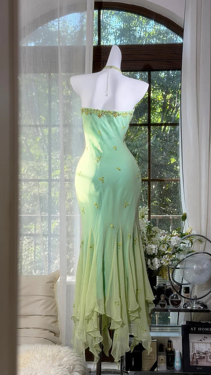 Halter Green Mermaid Prom Dress Retro Evening Gown  J10598
