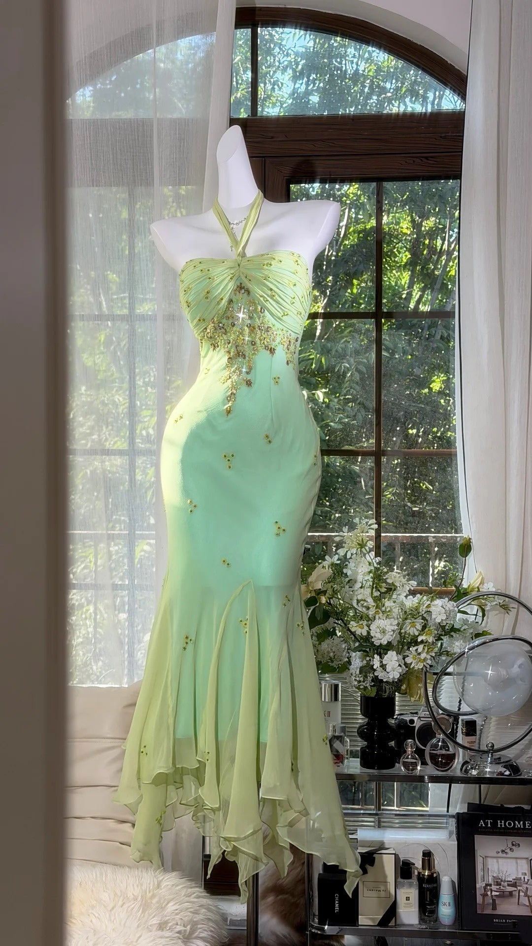 Halter Green Mermaid Prom Dress Retro Evening Gown  J10598