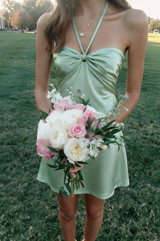 Halter Green Satin Mini Homecoming Dress Cocktail Dress  J11675