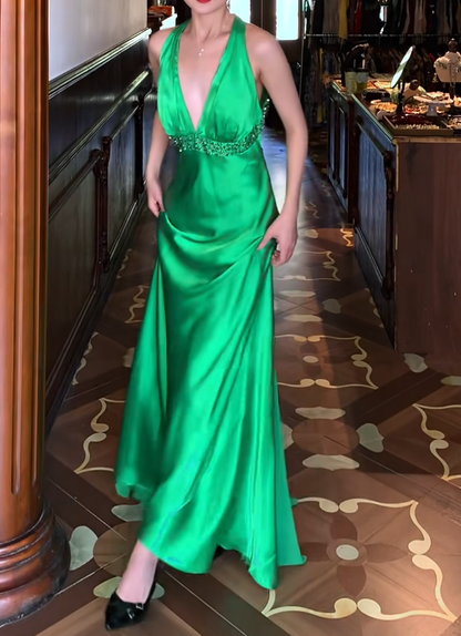 Halter Green Satin Prom Dress Backless Evening Dress   J9665