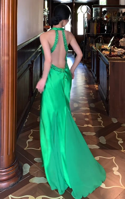 Halter Green Satin Prom Dress Backless Evening Dress   J9665