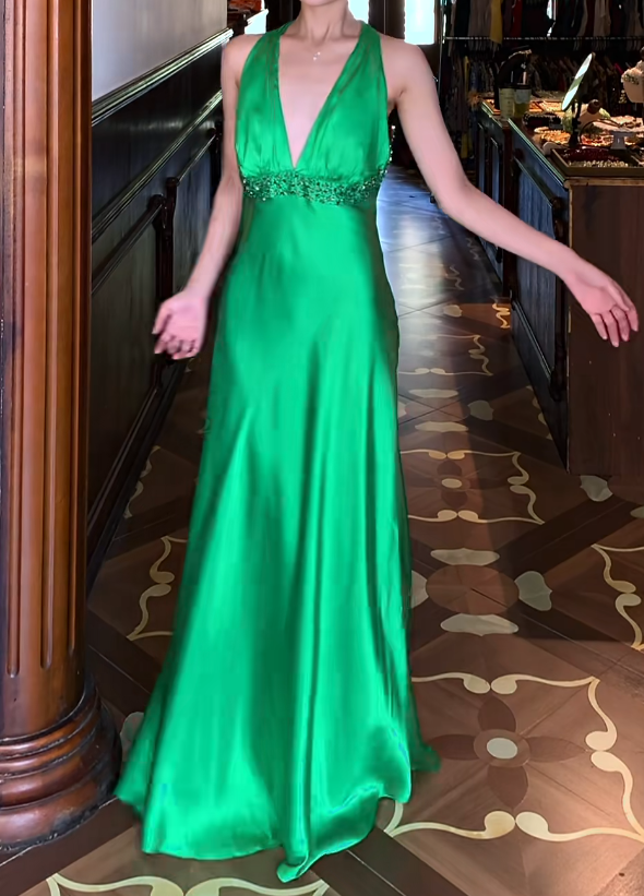Halter Green Satin Prom Dress Backless Evening Dress   J9665