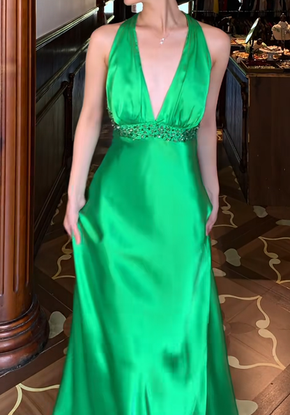 Halter Green Satin Prom Dress Backless Evening Dress   J9665