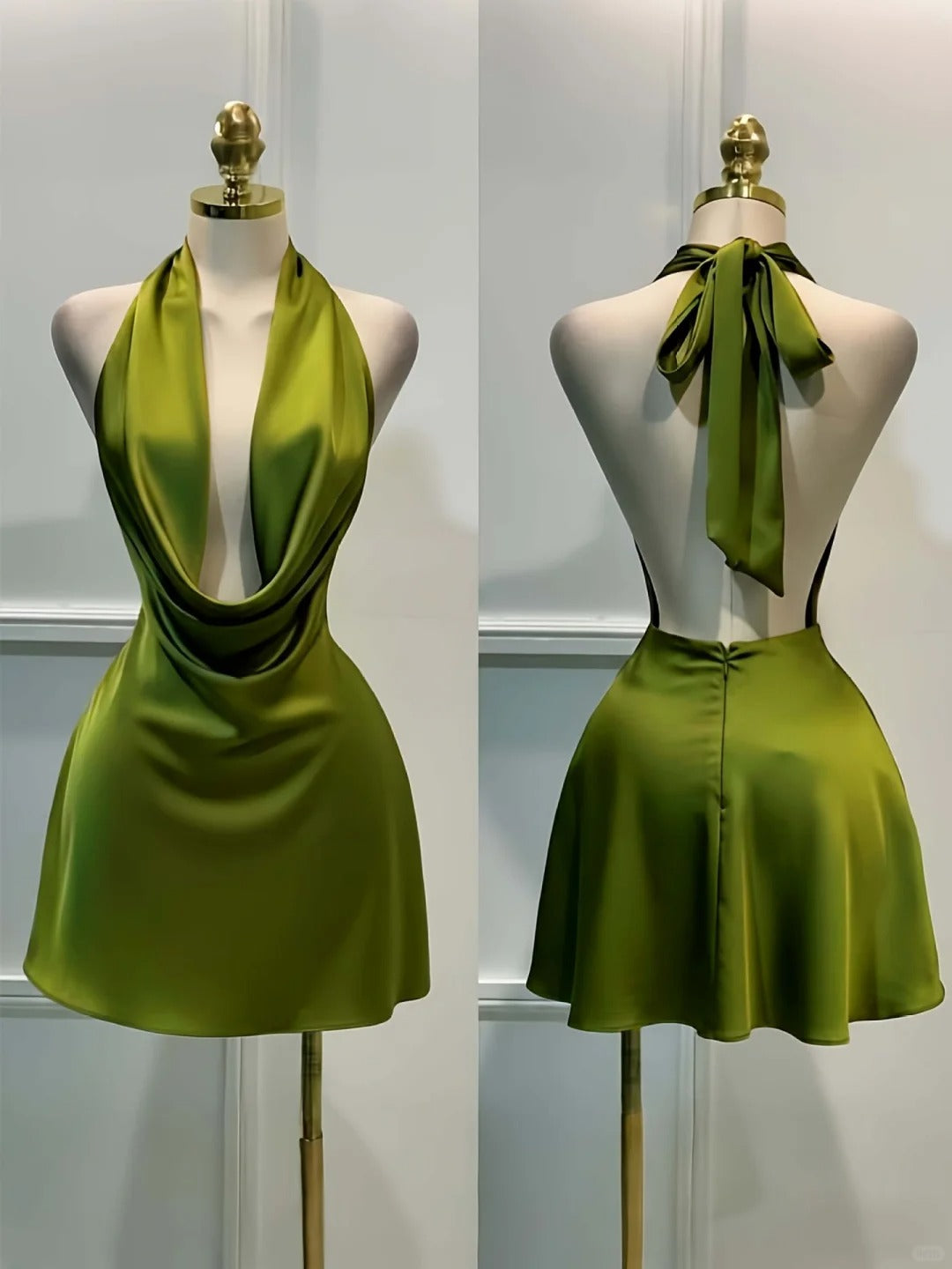 Halter Green Satin Short Birthday Dress A Line Homecoming Dress  J10532