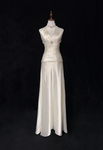 Halter Ivory Satin Formal Prom Dress Elegant Evening Dress J9749