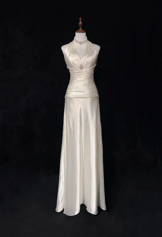 Trägerloses silbernes Vintage-Abendkleid, A-Linie, Geburtstagskleid J9370