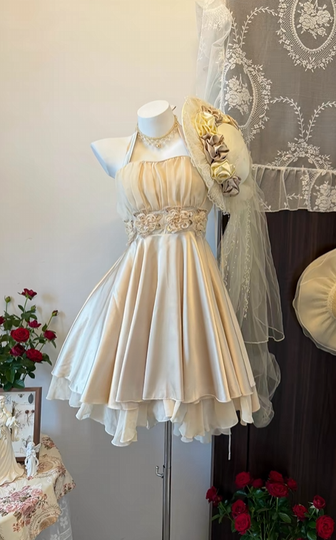 Halter Light Champagne Satin Birthday Dress Short Homecoming Dress  J11726