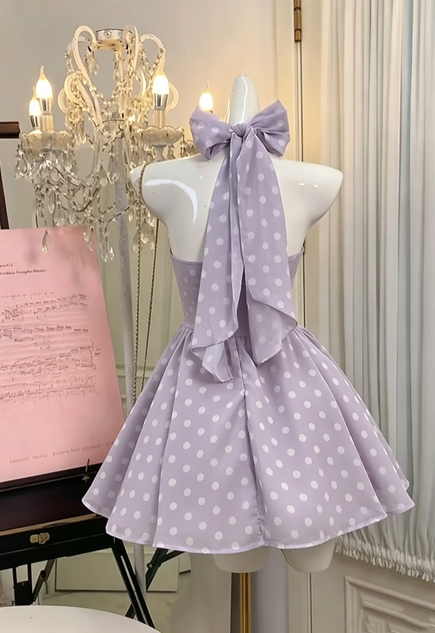 Halter Lilac Chiffon Homecoming Dress Short Polka Dot Birthday Dress  J11491