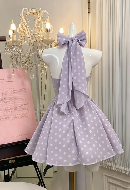Halter Lilac Chiffon Homecoming Dress Short Polka Dot Birthday Dress  J11491