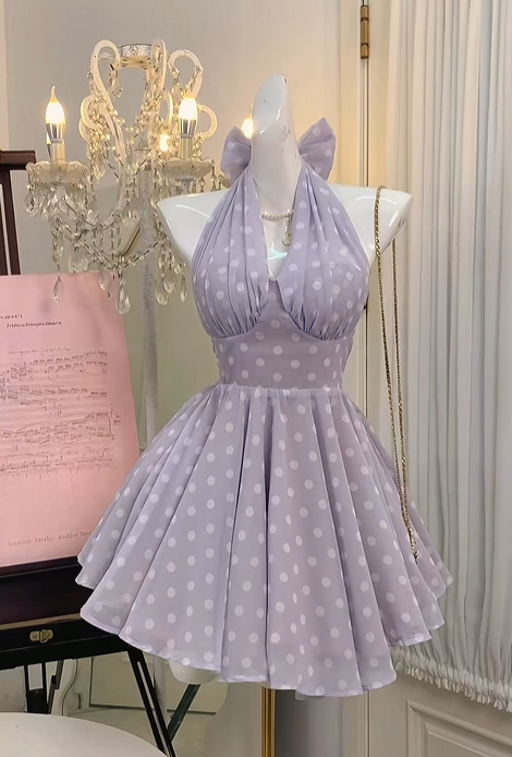 Halter Lilac Chiffon Homecoming Dress Short Polka Dot Birthday Dress  J11491