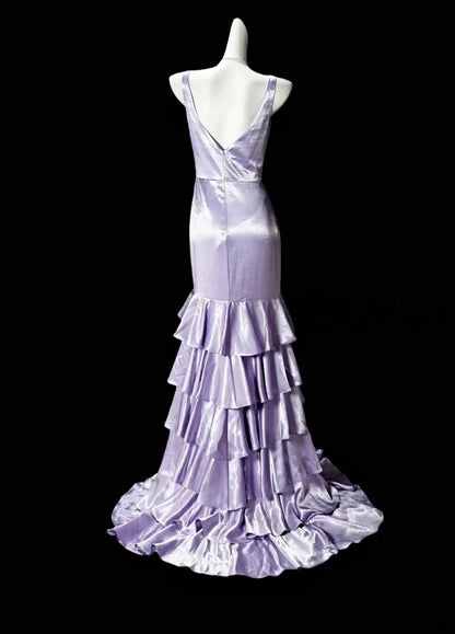 Halter Lilac Layered Satin Prom Dress Ruffled Evening Gown J10898