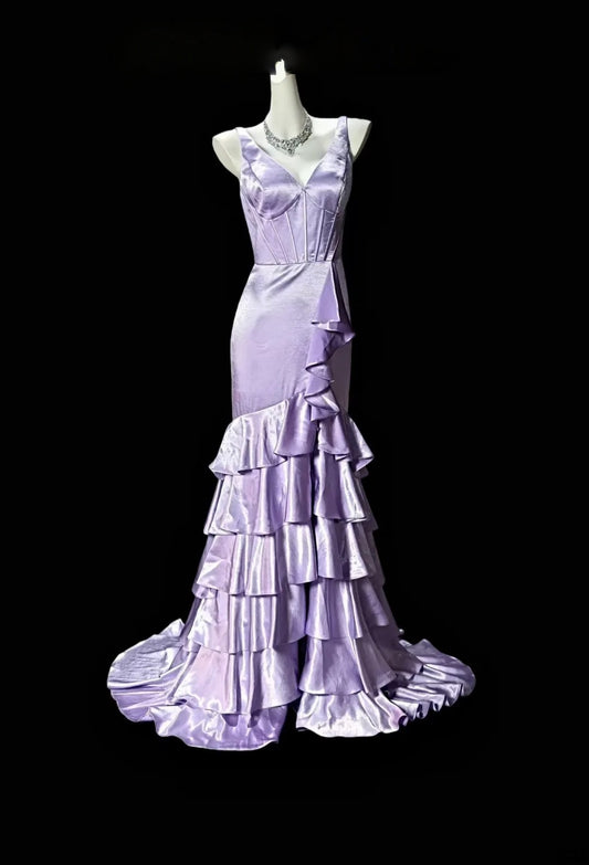 Robe de bal bustier violette en satin avec appliques, robe de soirée formelle J9413