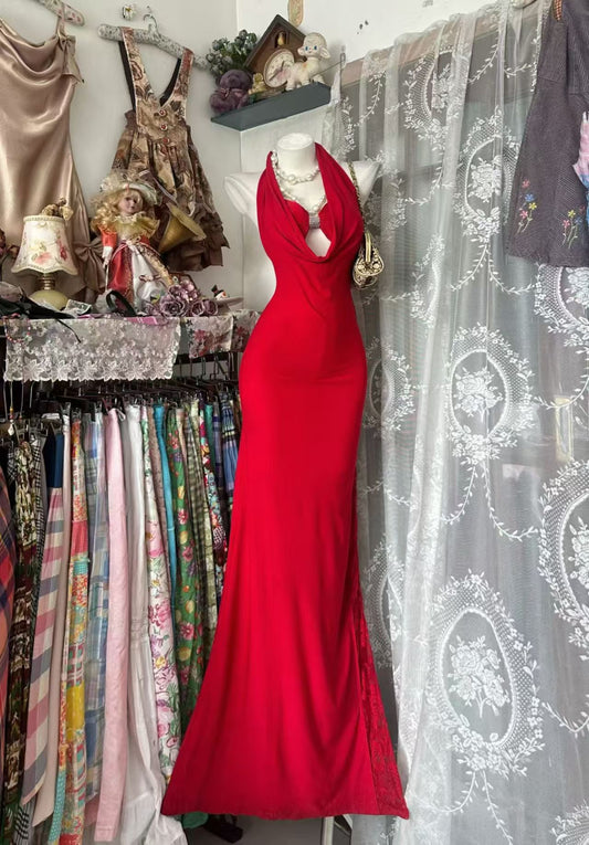 Halter Mermaid Red Prom Dress Lace Birthday Dress J10863