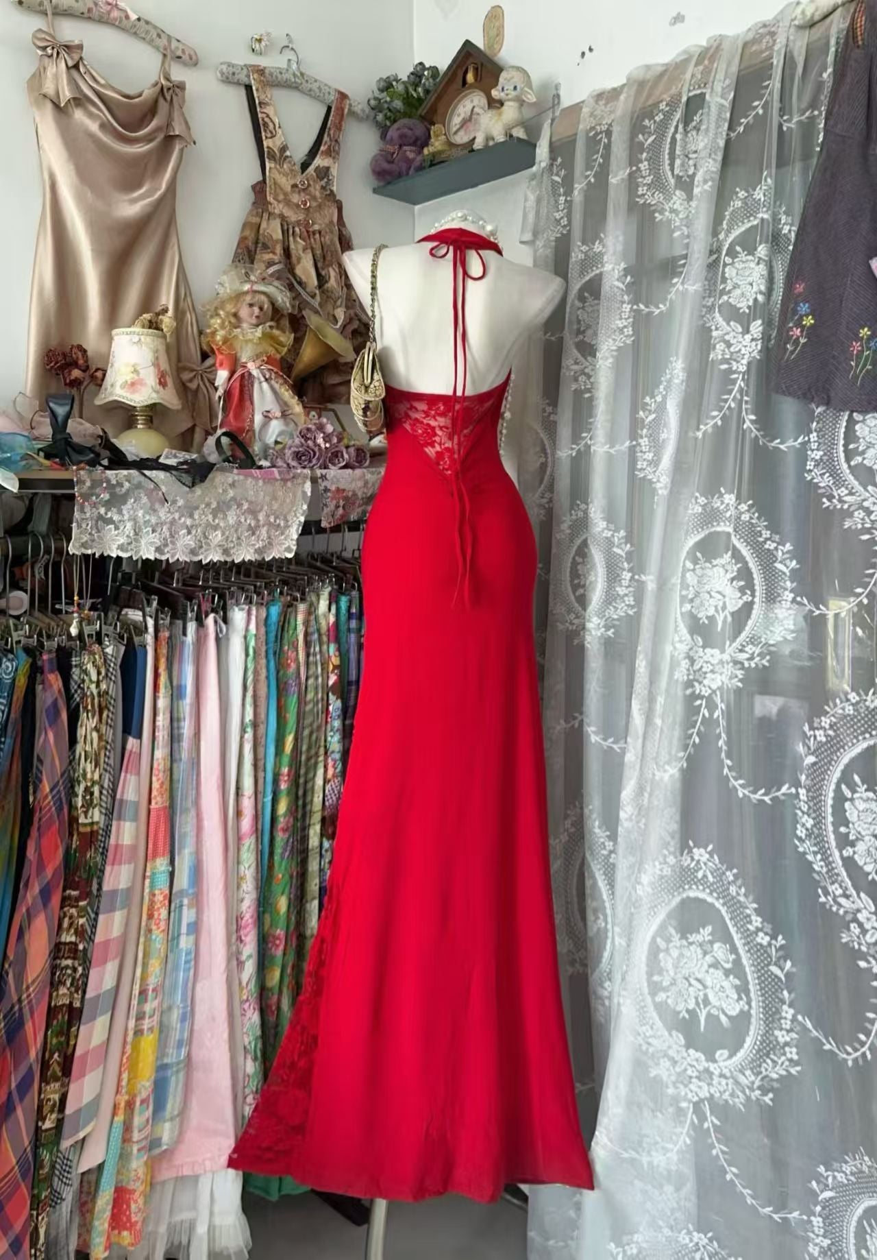 Halter Mermaid Red Prom Dress Lace Birthday Dress J10863