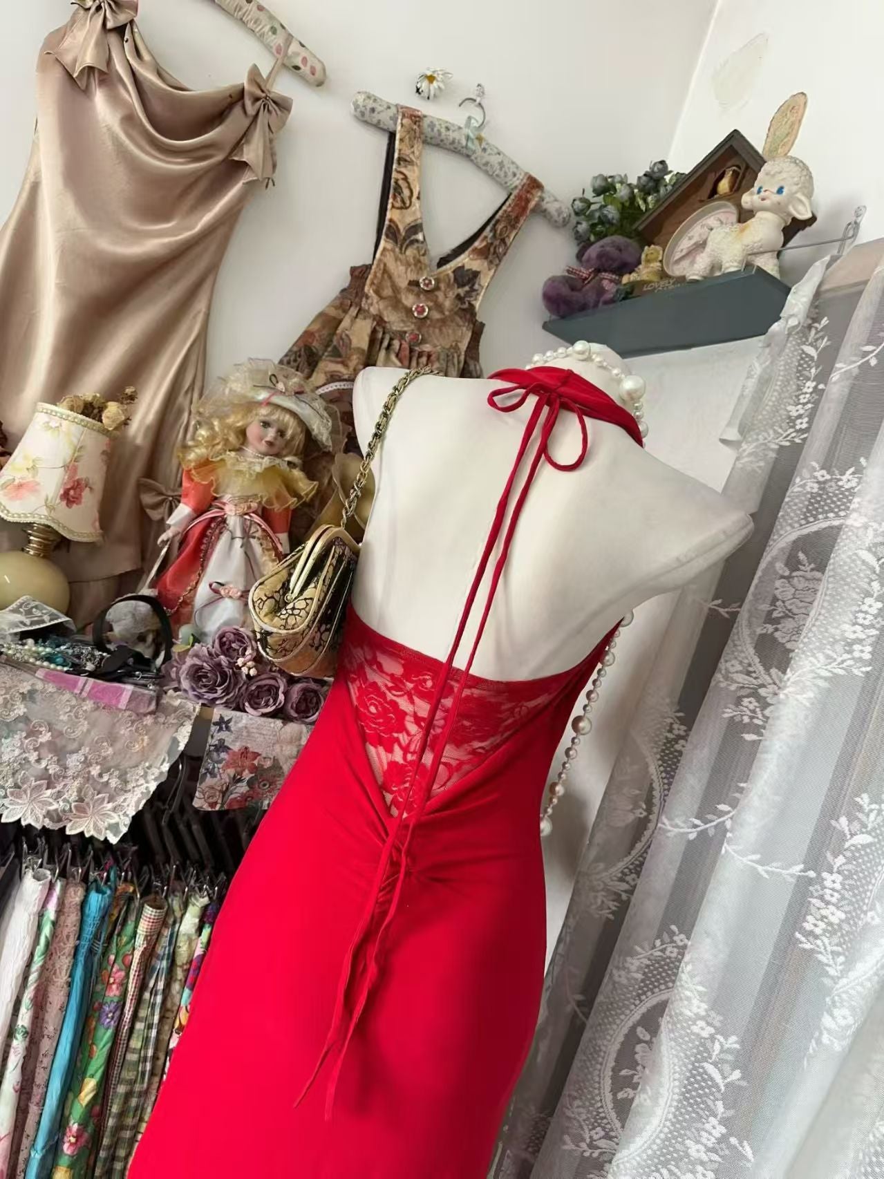 Halter Mermaid Red Prom Dress Lace Birthday Dress J10863