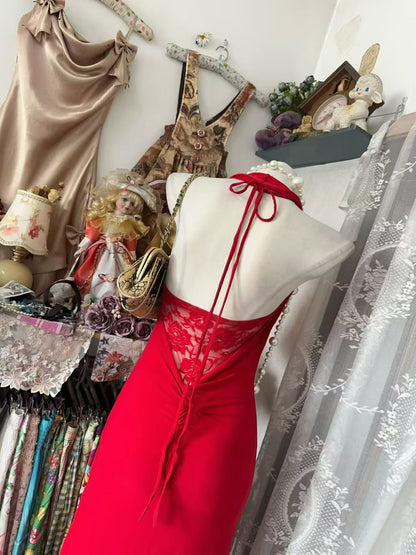 Halter Mermaid Red Prom Dress Lace Birthday Dress J10863