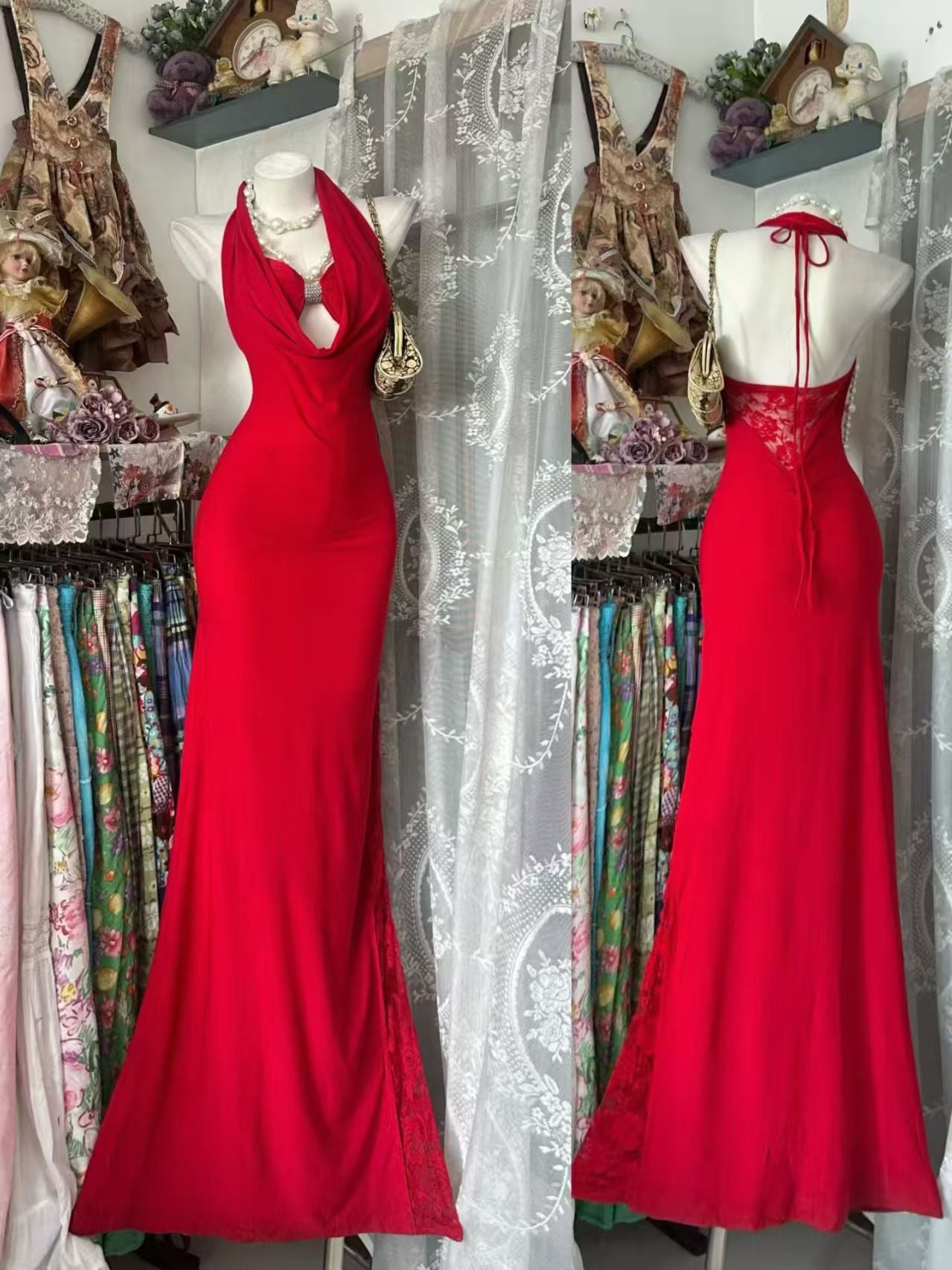 Halter Mermaid Red Prom Dress Lace Birthday Dress J10863
